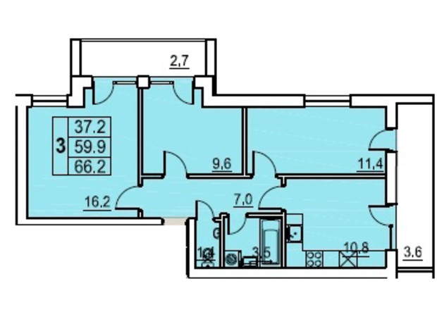 ЖК Перлина Мостищини: планировка 3-комнатной квартиры 66.2 м²