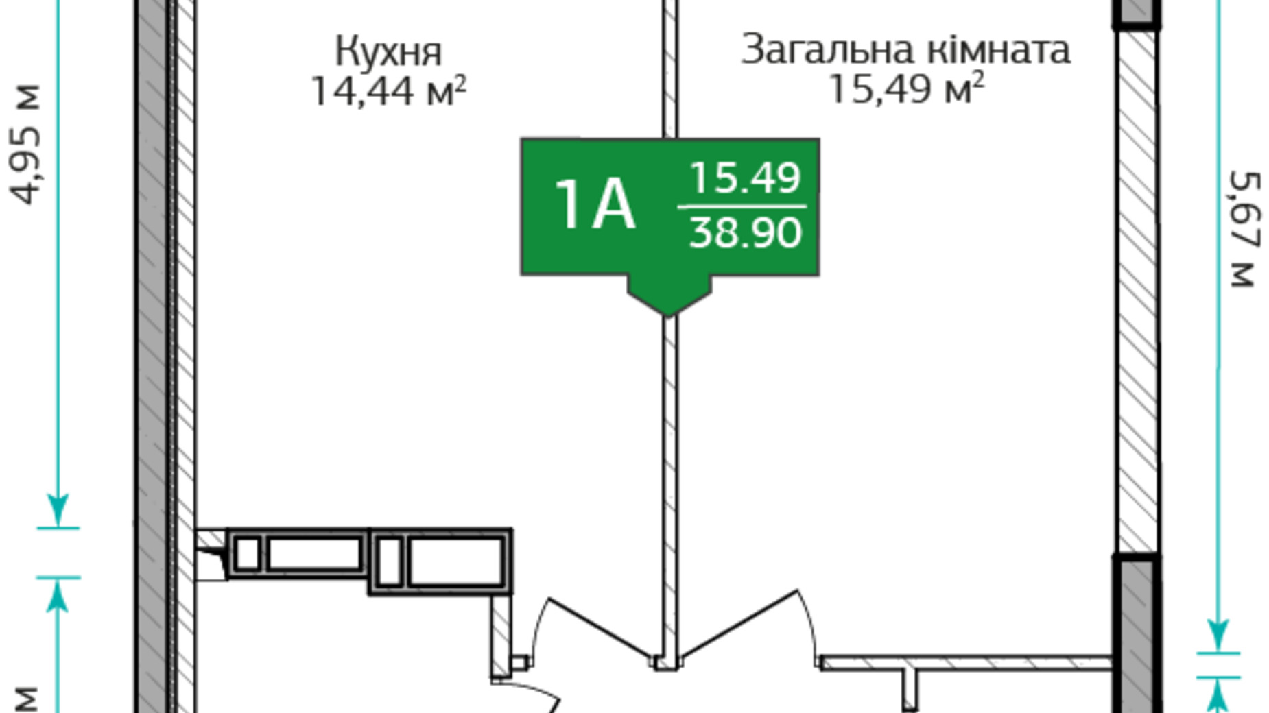 Планування 1-кімнатної квартири в ЖК City Park 2 38.9 м², фото 345814