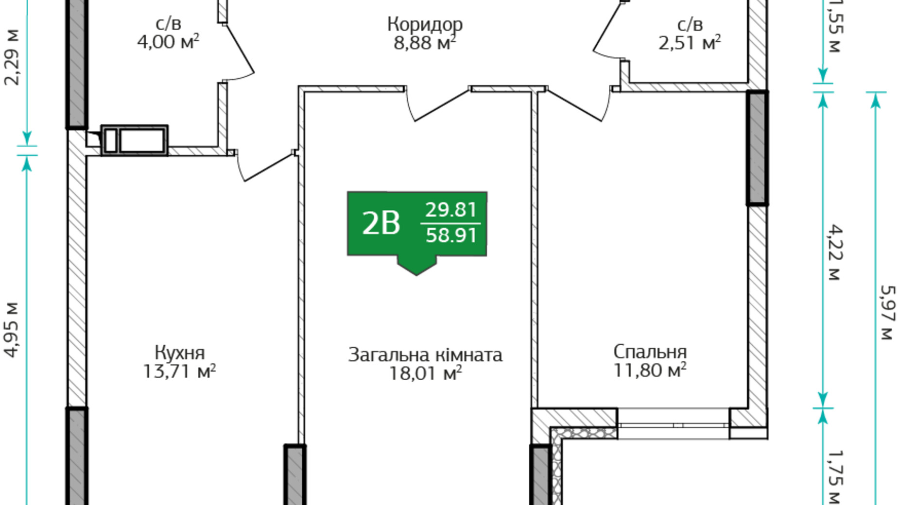 Планировка 2-комнатной квартиры в ЖК City Park 2 59.8 м², фото 345817