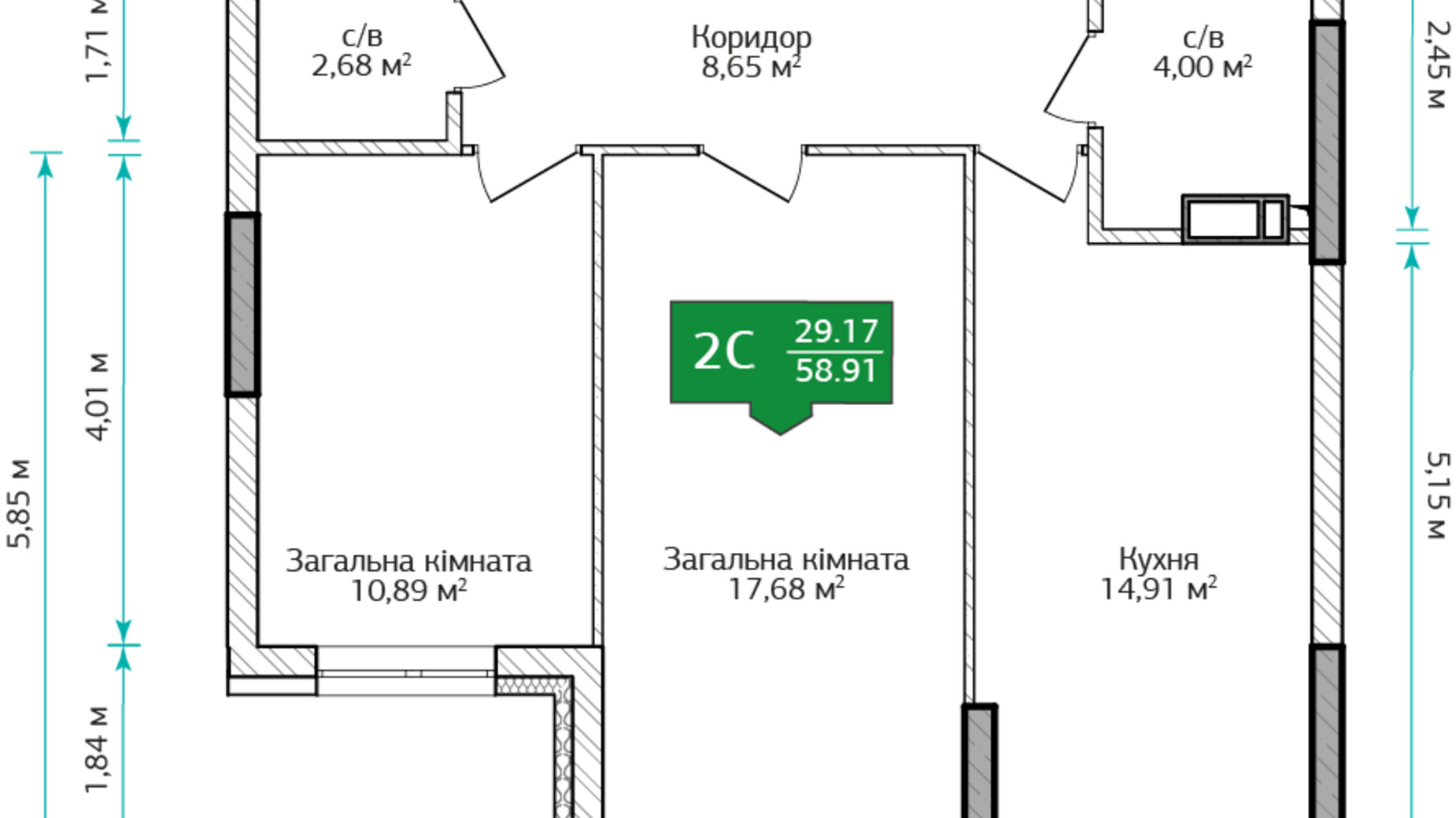 Планировка 2-комнатной квартиры в ЖК City Park 2 59.7 м², фото 345819