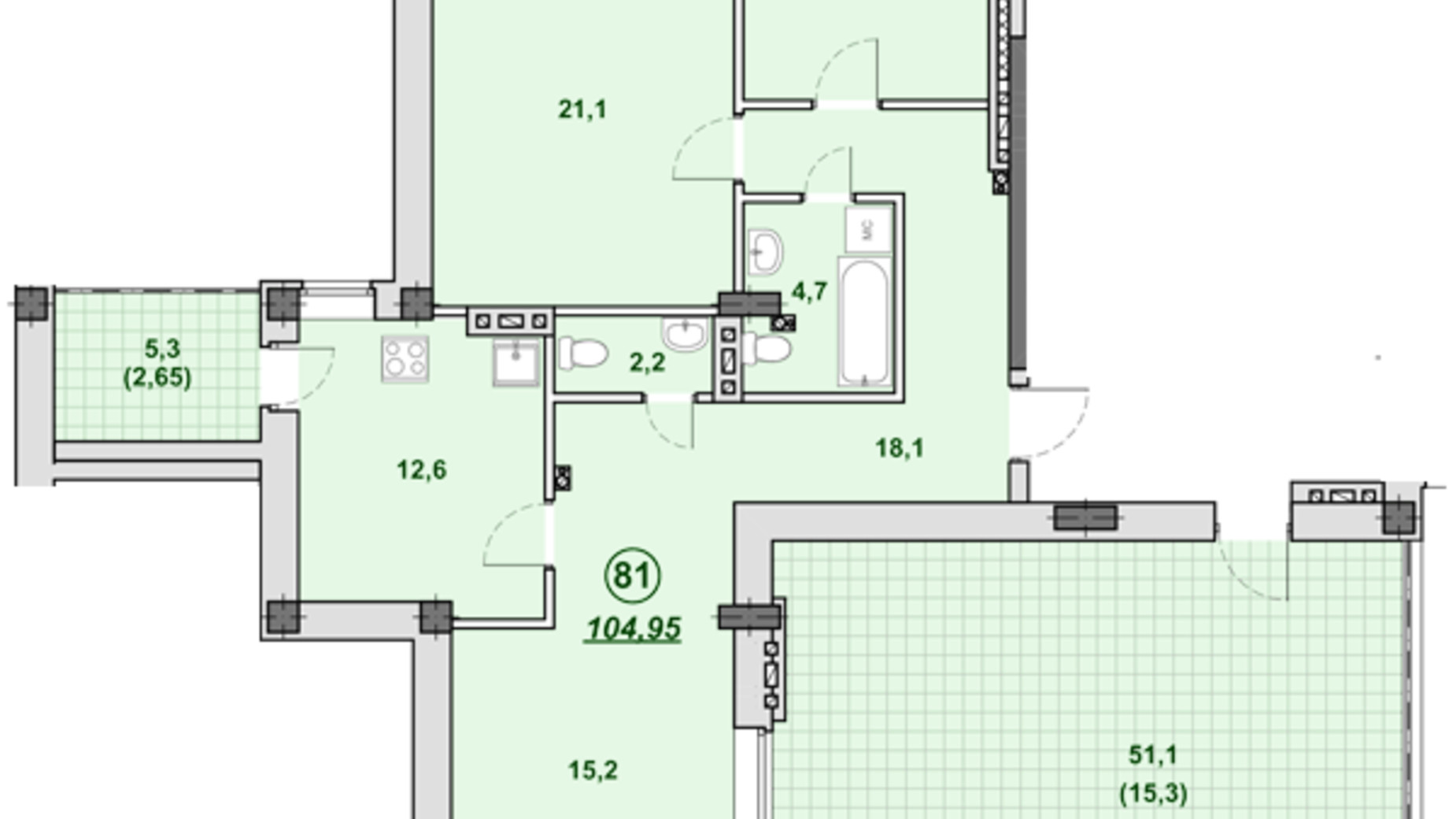 Планировка 3-комнатной квартиры в ЖК Южный 104.95 м², фото 345907