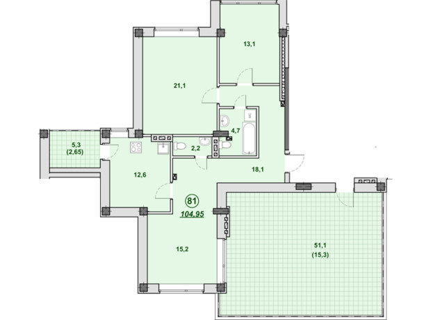 ЖК Южный: планировка 3-комнатной квартиры 104.95 м²
