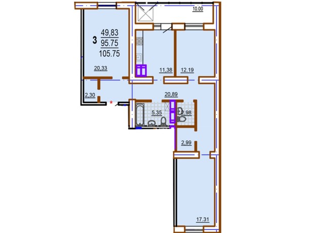 ЖК Шекспира: планировка 3-комнатной квартиры 105.75 м²