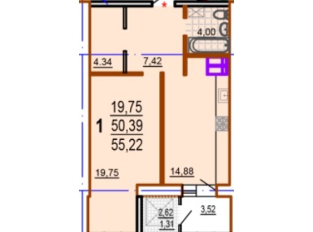 ЖК Шекспира: планировка 1-комнатной квартиры 55.22 м²