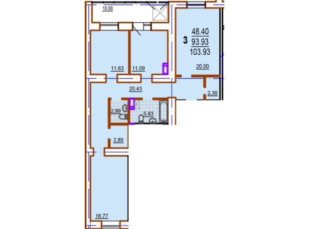ЖК Шекспира: планировка 3-комнатной квартиры 103.93 м²