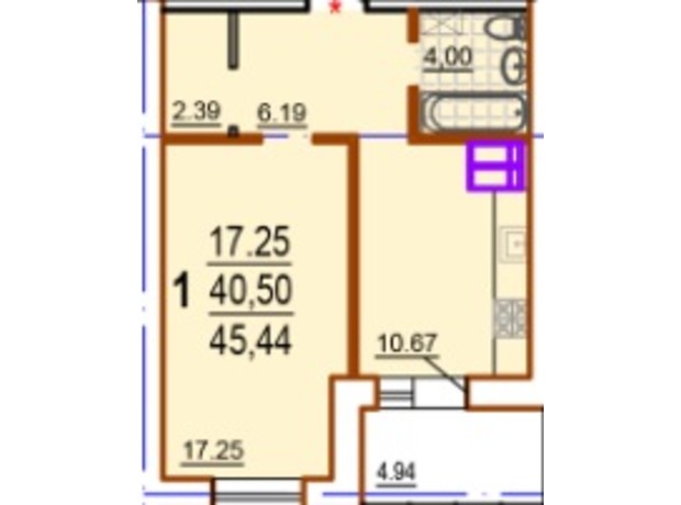ЖК Шекспира: планировка 1-комнатной квартиры 45.44 м²