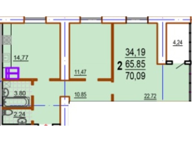 ЖК Шекспира: планировка 2-комнатной квартиры 70.09 м²