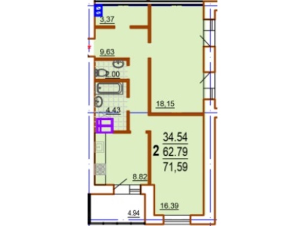 ЖК Шекспира: планировка 3-комнатной квартиры 71.59 м²