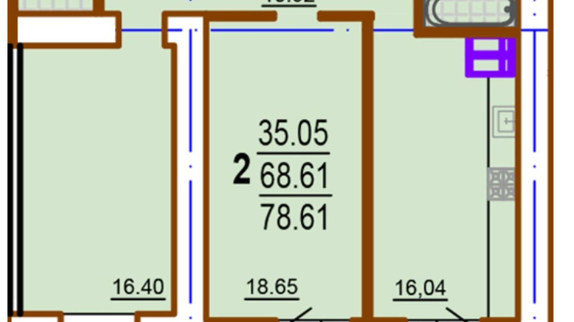 Планировка 2-комнатной квартиры в ЖК Шекспира 78.61 м², фото 345986