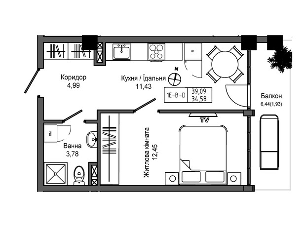 ЖК Artville: планування 1-кімнатної квартири 34.58 м²