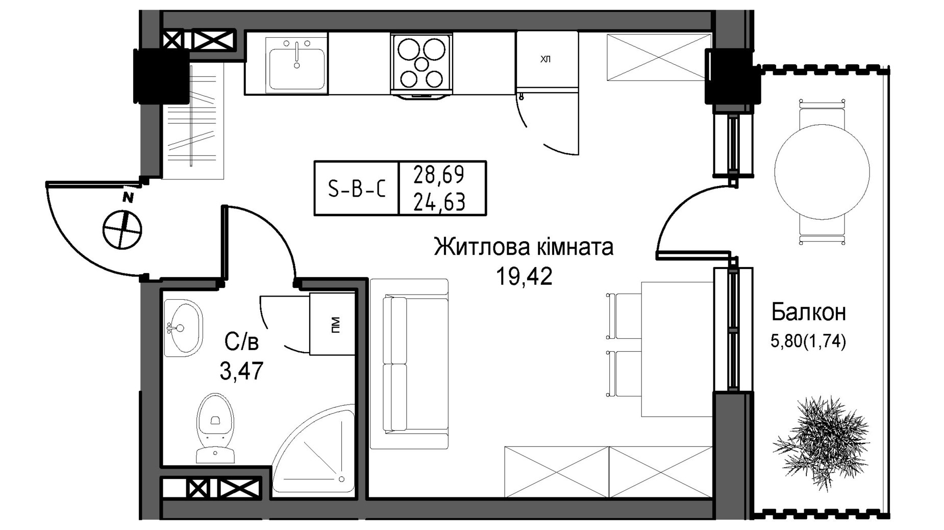 Планування смарт квартири в ЖК Artville 24.63 м², фото 346149