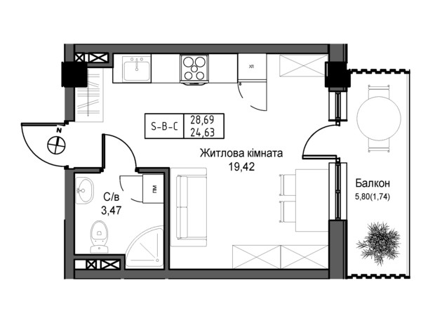 ЖК Artville: планування 1-кімнатної квартири 24.63 м²