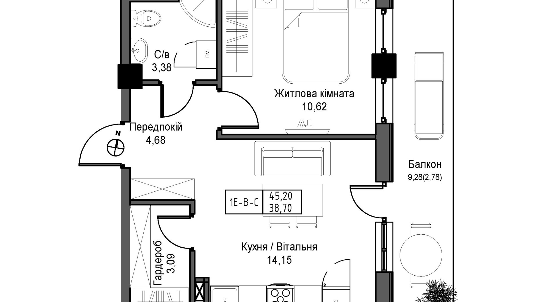 Планування 1-кімнатної квартири в ЖК Artville 38.7 м², фото 346154