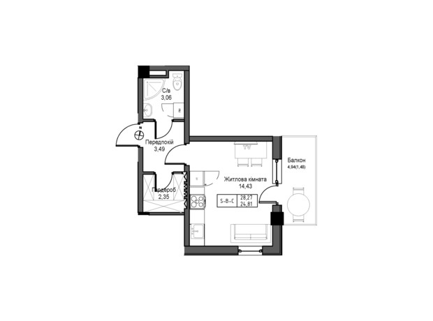 ЖК Artville: планування 1-кімнатної квартири 22 м²