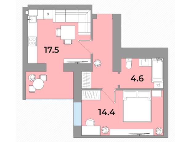 ЖК Яровиця Life: планировка 1-комнатной квартиры 44.3 м²