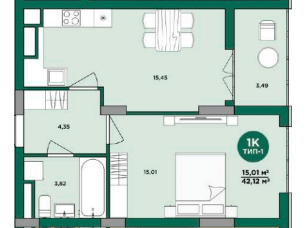 ЖК Wellspring: планировка 1-комнатной квартиры 42.13 м²