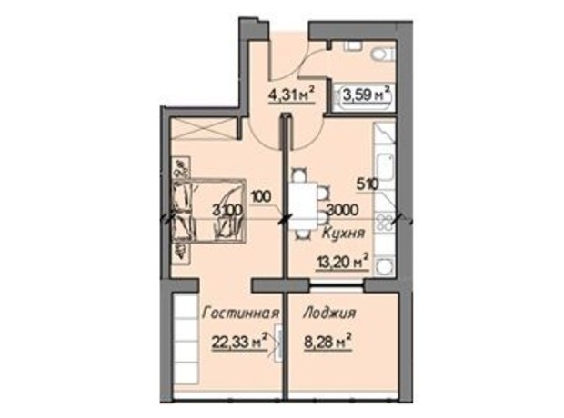 ЖК Лучший Дом: планировка 1-комнатной квартиры 49.8 м²