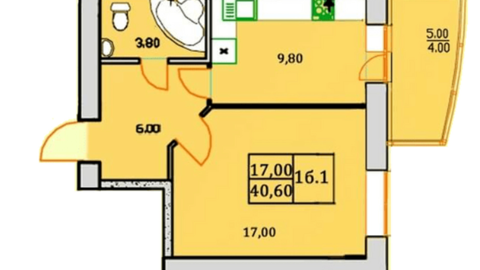 Планування 1-кімнатної квартири в ЖК Сонячна Оселя 40.6 м², фото 346848