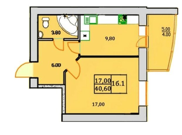 ЖК Сонячна Оселя: планування 1-кімнатної квартири 40.6 м²