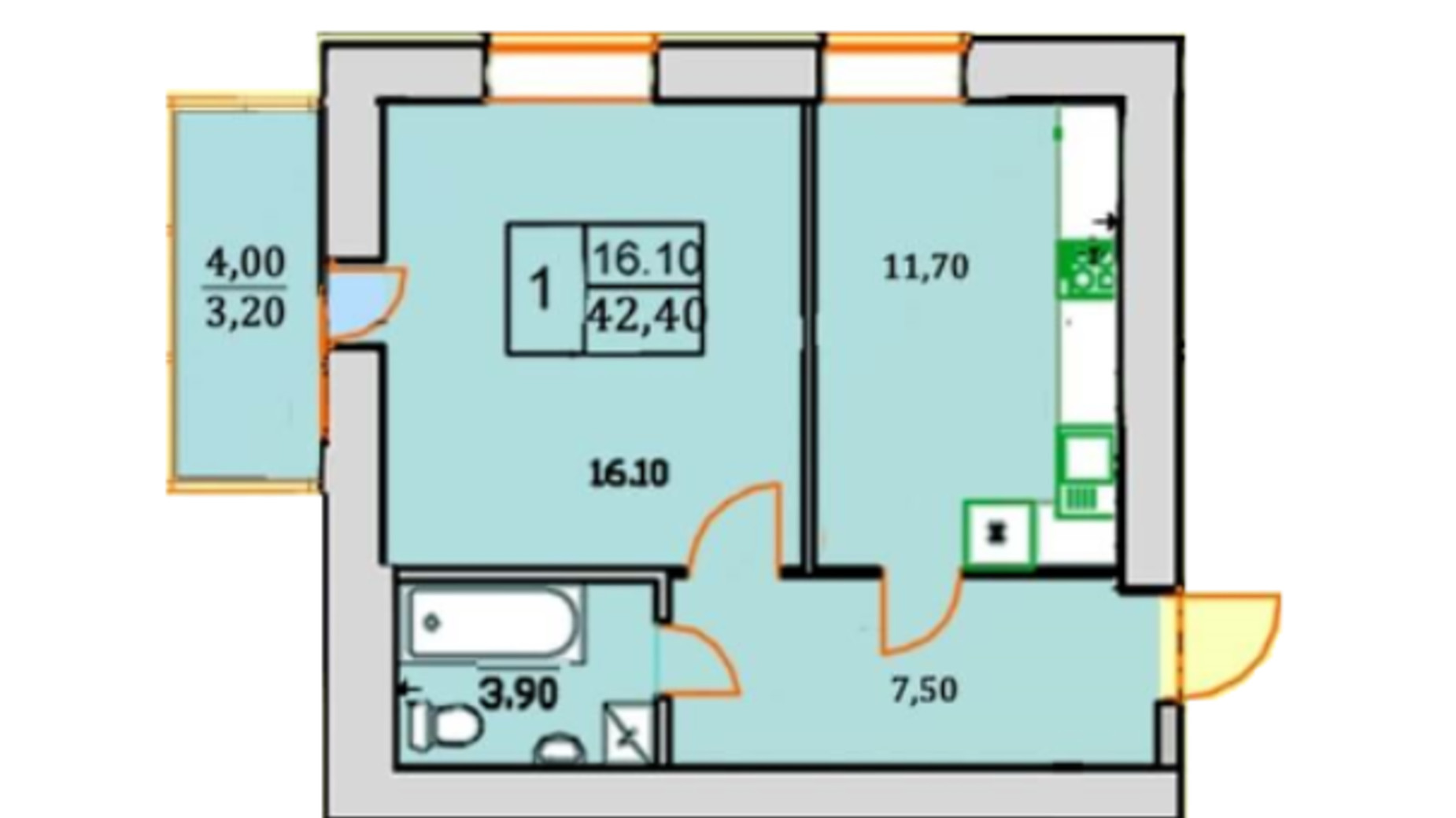 Планировка 1-комнатной квартиры в ЖК Сонячна Оселя 42.4 м², фото 346850