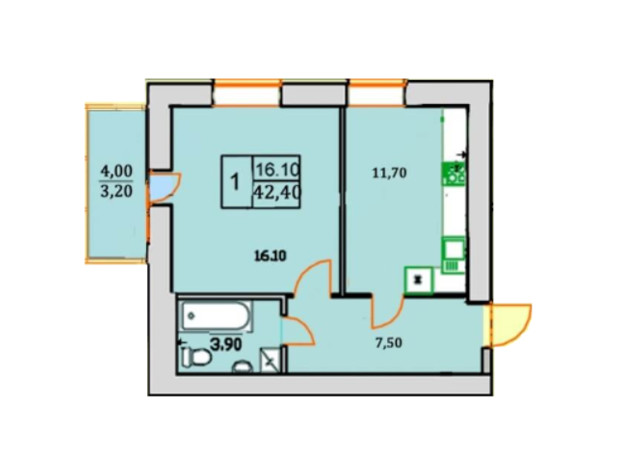 ЖК Сонячна Оселя: планування 1-кімнатної квартири 42.4 м²
