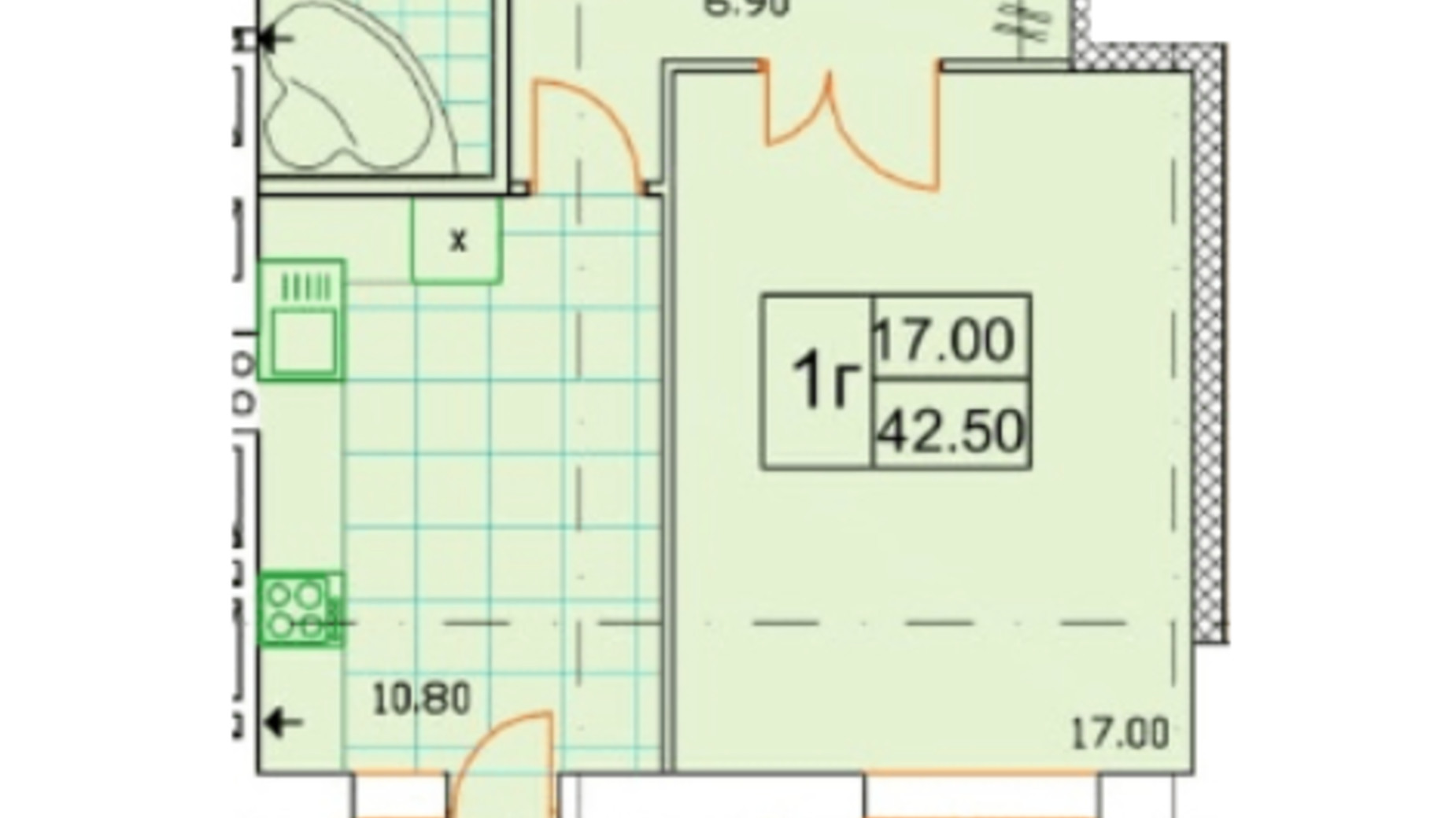 Планировка 1-комнатной квартиры в ЖК Сонячна Оселя 42.5 м², фото 346851