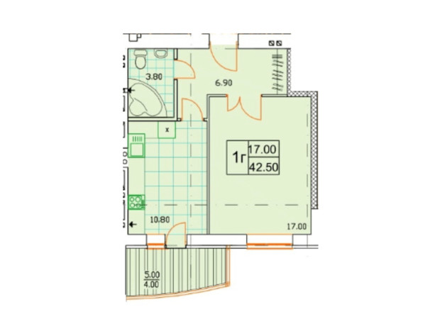 ЖК Сонячна Оселя: планировка 1-комнатной квартиры 42.5 м²
