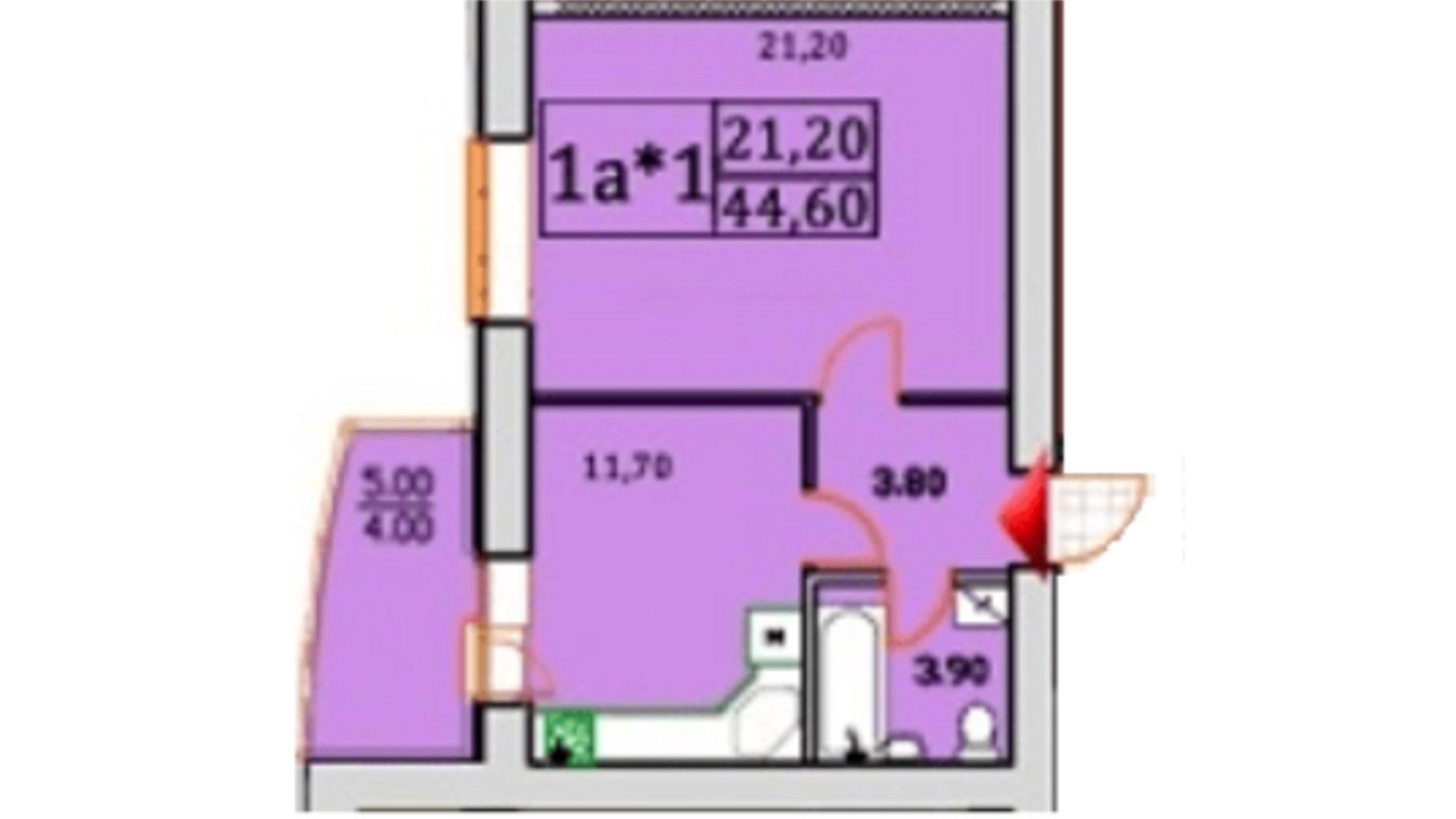 Планування 1-кімнатної квартири в ЖК Сонячна Оселя 44.6 м², фото 346853