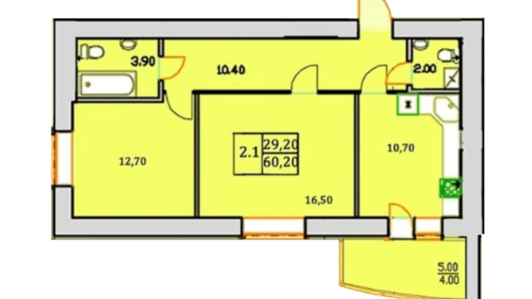 Планування 2-кімнатної квартири в ЖК Сонячна Оселя 60.2 м², фото 346858