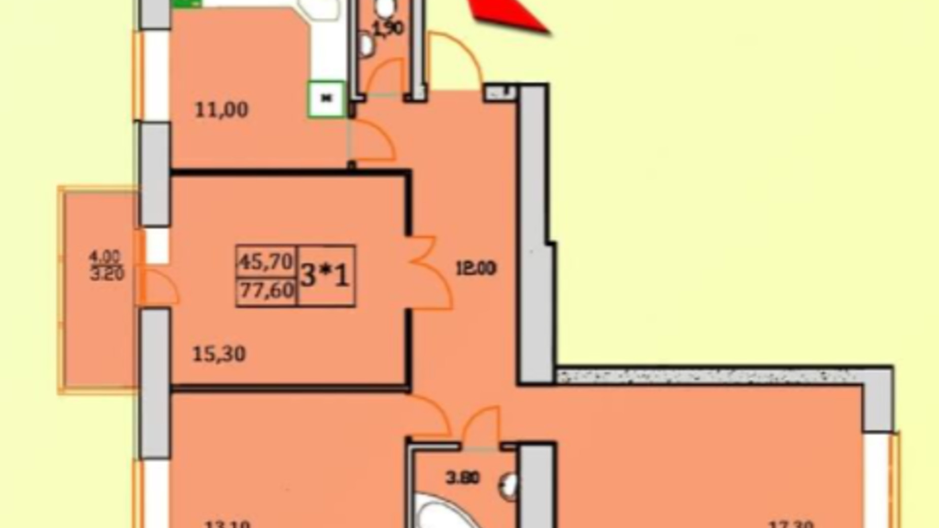Планування 3-кімнатної квартири в ЖК Сонячна Оселя 76 м², фото 346869