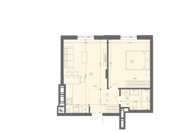 ЖК Етно Дім: планування 1-кімнатної квартири 47.3 м²