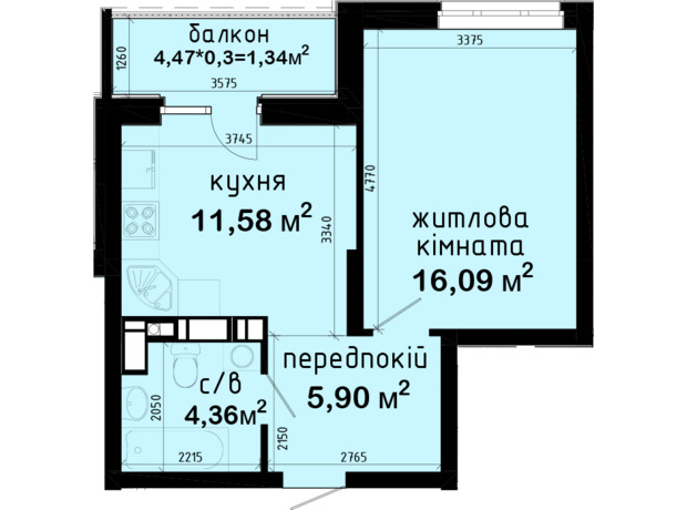 ЖК Авеню 42: планування 1-кімнатної квартири 39.27 м²