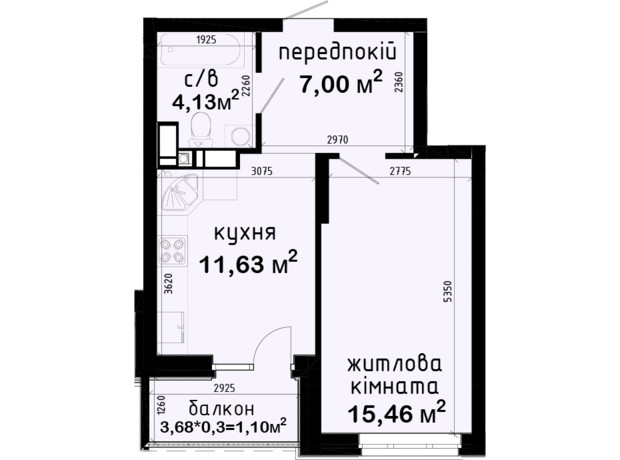 ЖК Авеню 42: планування 1-кімнатної квартири 39.32 м²