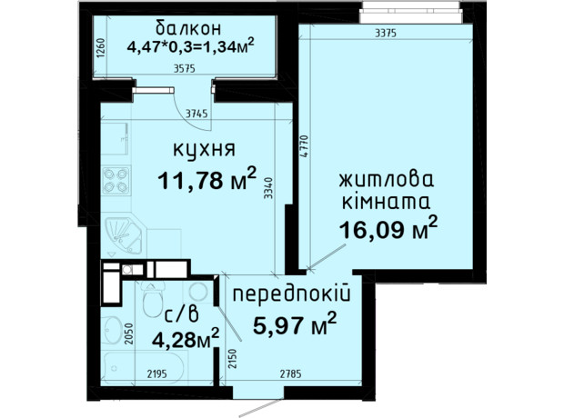 ЖК Авеню 42: планировка 1-комнатной квартиры 39.46 м²