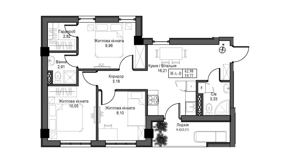 Планировка 3-комнатной квартиры в ЖК Artville 59.77 м², фото 347499