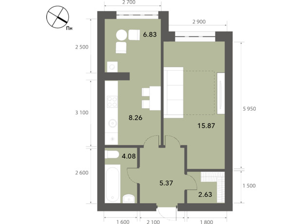 ЖК Софіївські Липки: планування 1-кімнатної квартири 43.03 м²