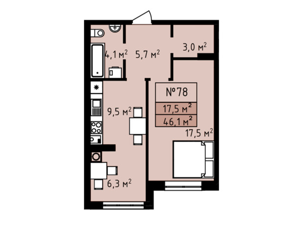 ЖК Петровские Липки: планировка 1-комнатной квартиры 46.1 м²