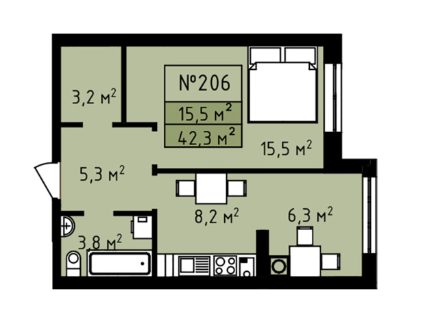 ЖК Петрівські Липки: планування 1-кімнатної квартири 42.3 м²