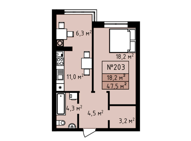 ЖК Петровские Липки: планировка 1-комнатной квартиры 47.5 м²