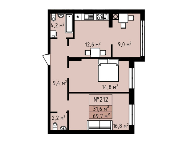 ЖК Петровские Липки: планировка 2-комнатной квартиры 69.7 м²