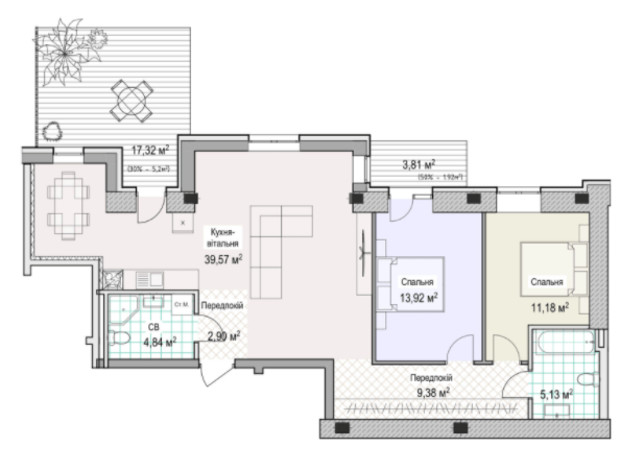 ЖК Notting Hill: планування 3-кімнатної квартири 94.7 м²