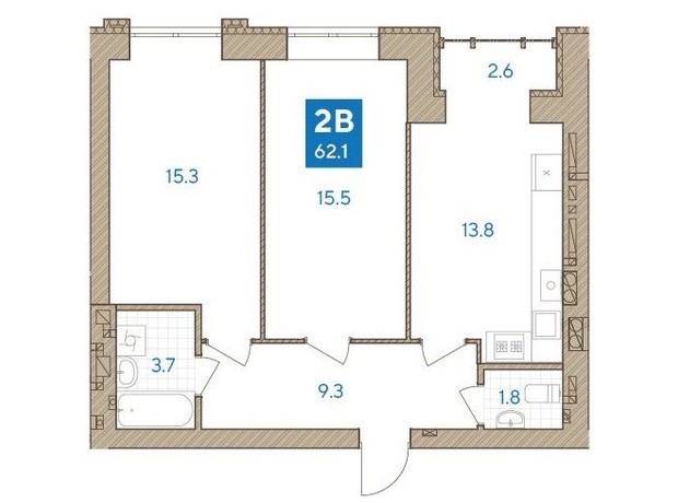 ЖК White house: планировка 2-комнатной квартиры 62.1 м²