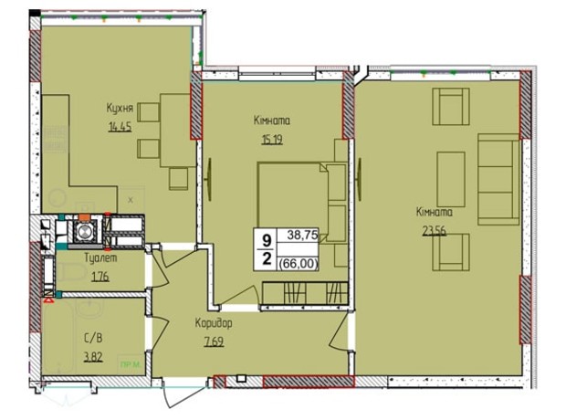 ЖК Пионерский квартал 2: планировка 2-комнатной квартиры 66.4 м²