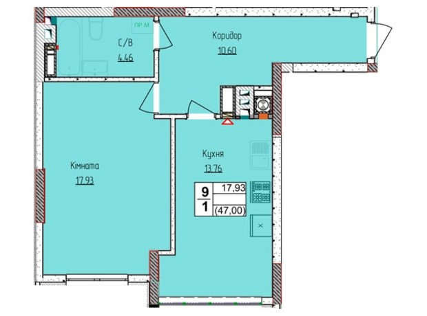ЖК Пионерский квартал 2: планировка 1-комнатной квартиры 46.8 м²