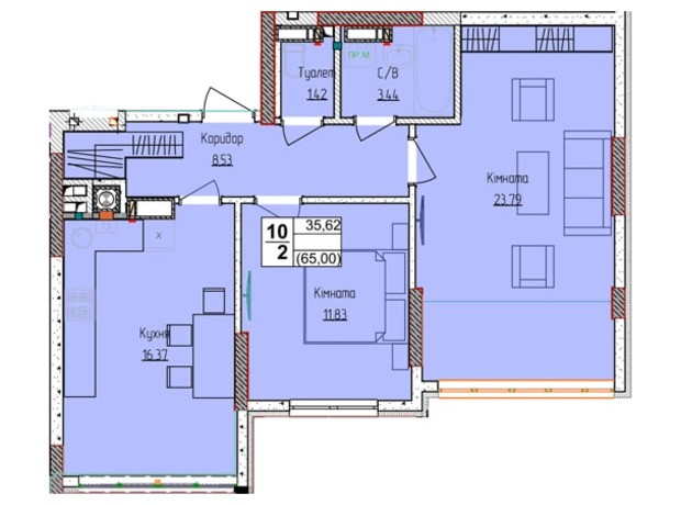 ЖК Пионерский квартал 2: планировка 2-комнатной квартиры 65.6 м²