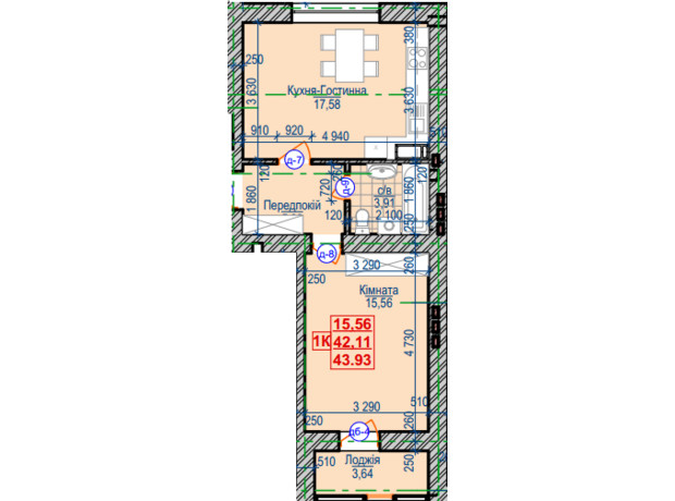 ЖК Сімейний квартал: планування 1-кімнатної квартири 43.93 м²