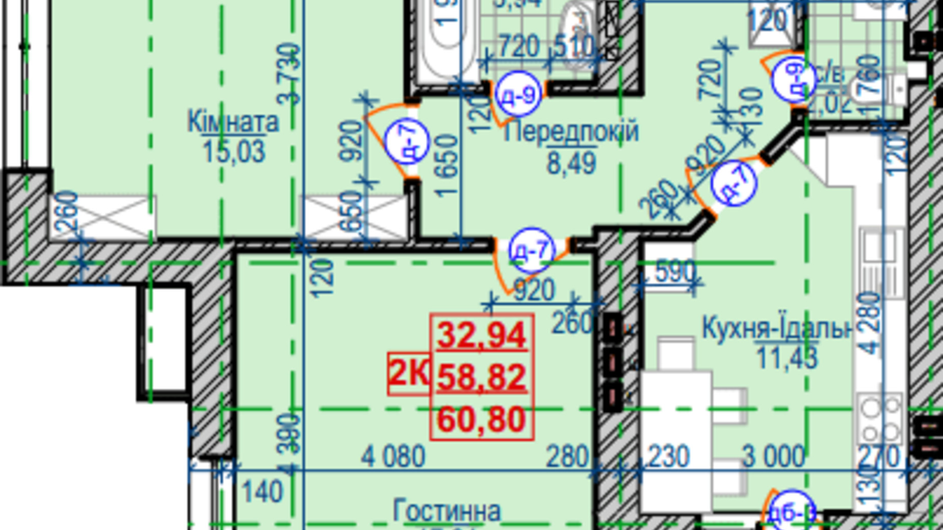 Планировка 2-комнатной квартиры в ЖК Семейный квартал 60.8 м², фото 349101