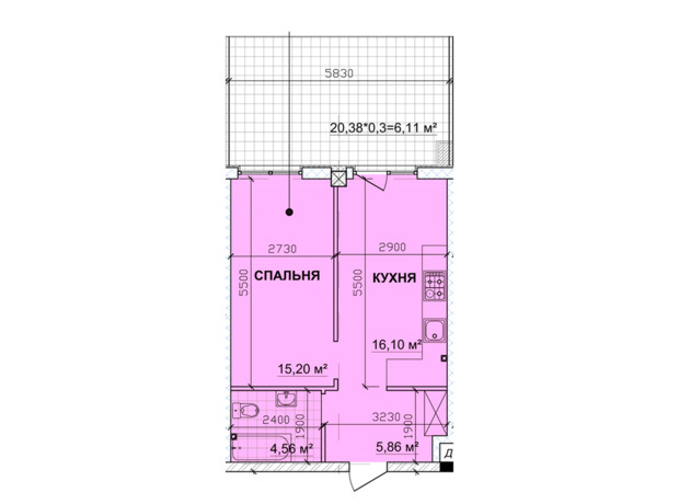 ЖК Parkoviy: планировка 1-комнатной квартиры 49.13 м²