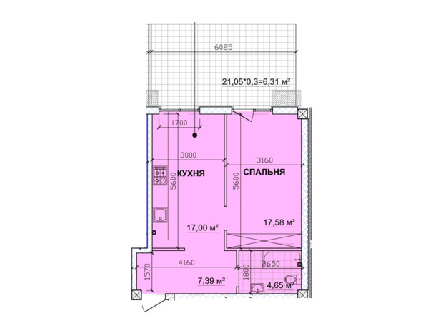ЖК Parkoviy: планировка 1-комнатной квартиры 54.3 м²