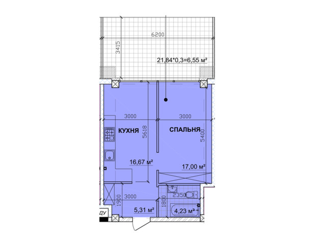 ЖК Parkoviy: планировка 1-комнатной квартиры 51.06 м²